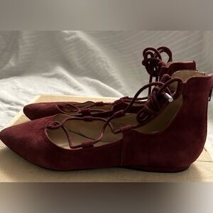 Nine West Women's Signmeup Shearlucko Lace-Up Ballet Flats Burgundy Suede Sz 7.5